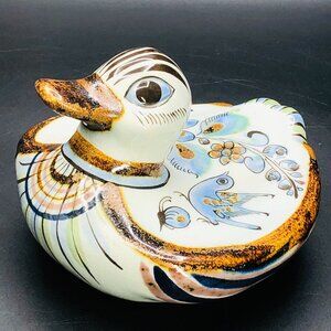 Vintage Ken Edwards Tonala Pottery DUCK, Folk Art Blue Bird Butterfly Florals